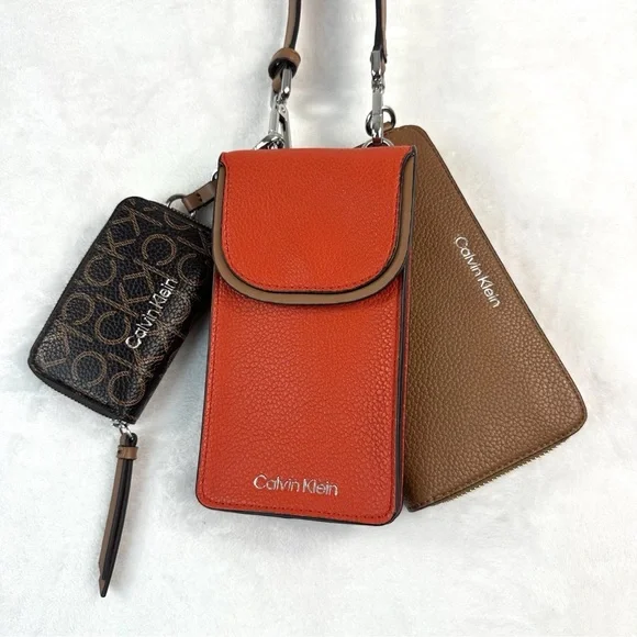 Calvin Klein Women's Bella Multi Crossbody Purse Wallet Coin Pouch Red Brown - Picture 1 of 16